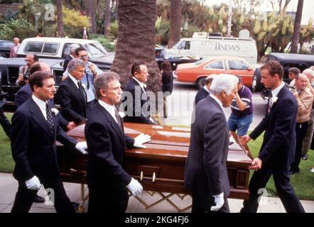 Cesar Romero, Glenn Ford, and Ricardo Montalban at Rita Hayworth's Funeral Service on May 18, 1987 at the Church of the Good Shepherd in Beverly Hills, California.   Credit: Ralph Dominguez/MediaPunch Stock Photo