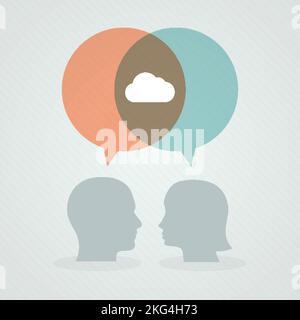 Dialog about cloud computing. Speech bubbles, woman and man head. Vector illustration, flat design Stock Vector
