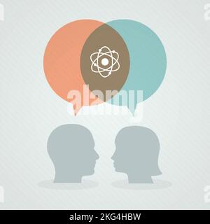 Dialog about science. Speech bubbles, woman and man head. Vector illustration, flat design Stock Vector
