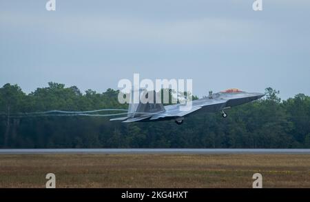 A 325th Fighter Wing F-22A Raptor takes off for a mission Oct. 28 at Eglin Air Force Base, Fla.  A squadron of the wing’s Raptors have been at Eglin since Hurricane Michael devastated Tyndall Air Force Base in 2018. Stock Photo