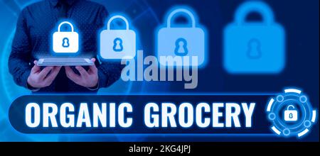 Text sign showing Organic Grocery. Concept meaning market with foods grown without the use of fertilizers Stock Photo