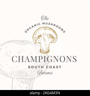 Champignons Badge Logo Template. Hand Drawn Mushrooms Sketch with Retro Typography. Premium Plant Based Vegan Food Emblem Isolated Stock Vector