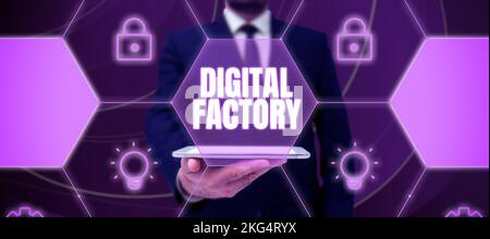 Text showing inspiration Digital Factory. Word for uses digital technology to operate the manufacturing process Stock Photo