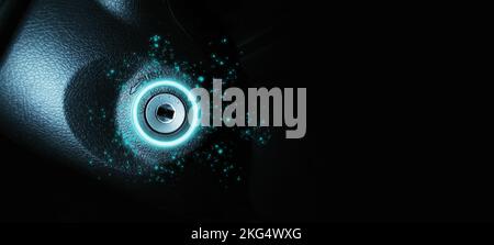 Car key hole for start ignition with a blue light glow and sparkle, panoramic banner with copy space on black background Stock Photo