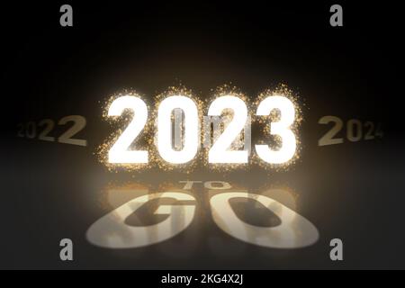 3D rendering, 2023 happy new year concept, golden fire sparkle and text decoration on floor and reflection, black background Stock Photo