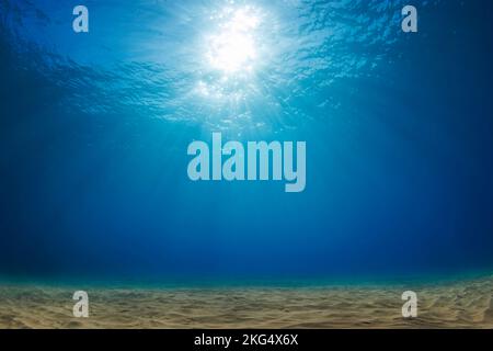 Late afternoon sunlight streaming through the surface onto a sandy bottom, Hawaii, Pacific Ocean. Stock Photo