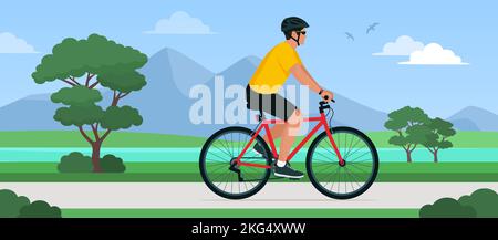 Fit man riding a bicycle and exploring nature outdoors, healthy lifestyle concept Stock Vector