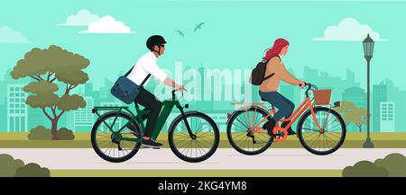 Couple riding bicycles at the city park, sport and leisure concept Stock Vector
