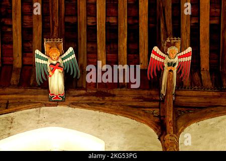 South Creake, 15th century hammerbeam roof, medieval, angel carvings, hammer beam, detail, Norfolk, England, UK Stock Photo