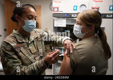 Master Sgt. Cherie Gregory, 66th Medical Squadron functional manager, provides Col. Taona Enriquez, installation commander, a flu shot at the Immunizations Clinic at Hanscom Air Force Base, Mass., Oct. 31. The Centers for Disease Control and Prevention recommends an annual flu vaccine as the first and best way to protect against influenza. Stock Photo