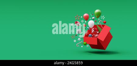 Christmas decoration and balloons pop out from the box on green background with copy space 3d render 3d illustration Stock Photo