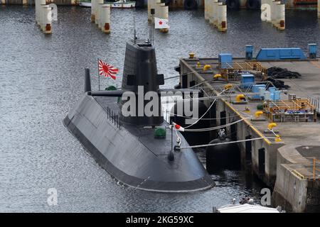Kanagawa Prefecture, Japan - August 21, 2021: Japan Maritime Self-Defense Force Oyashio-class submarine moored at Yokosuka Port in Japan. Stock Photo
