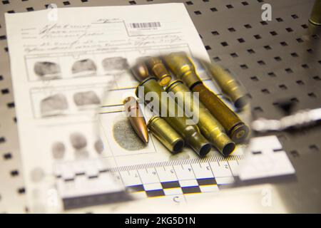 Bullets, cartridge cases, cartridges lie on a fingerprint card under a magnifying glass Stock Photo
