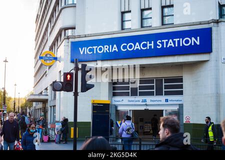 London, UK - November 4, 2022: Victoria Coach station entrance in London. Victoria Coach Station is the largest coach station in London Stock Photo