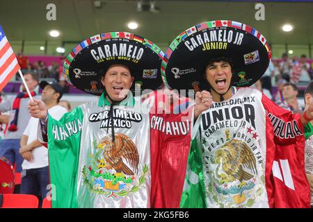 Ar Rayyan, Qatar. 21st Nov, 2022. Mexican fans during the FIFA World Cup, Qatar., . Photo by Peter Dovgan. Editorial use only, license required for commercial use. No use in betting, games or a single club/league/player publications. Credit: UK Sports Pics Ltd/Alamy Live News Stock Photo