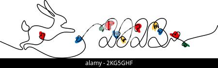 2023. Stylized handwritten font with one solid line with bunny and heart figure and colored spots. Lettering. Isolate. Good for banner, wallpaper, web, poster or card, greeting, label, price tag. EPS Stock Vector