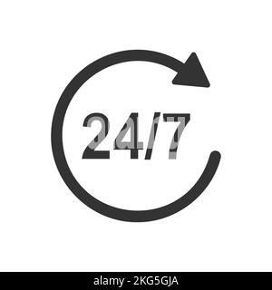 24 7 icon with numbers in rotating arrow. Round the clock customer support service sticker. 24 hours open store, gas station, delivery sign isolated on white background. Vector graphic illustration Stock Vector