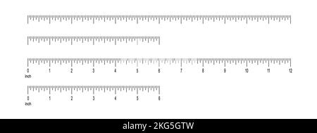 6 and 12 inch ruler scale with and without numbers. 1 foot measuring chart with markup. Distance, height or length measurement math or sewing tool. Vector graphic illustration Stock Vector