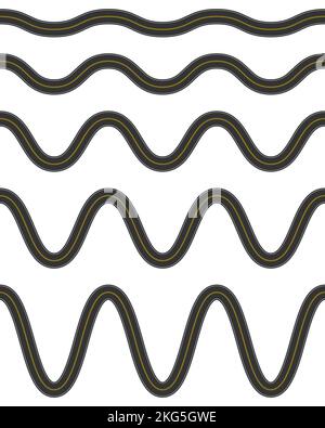 Set of empty winding roads with marking. Top aerial view. Seamless highway template. Element of city or countryside roadway isolated on white background. Vector flat illustration Stock Vector
