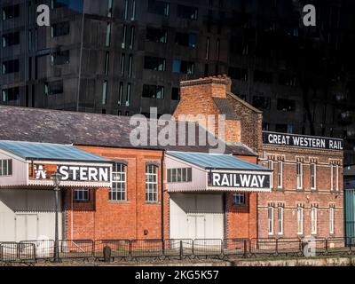 Street scene at the Albert Dock in Liverpool seen here looking towards the Great Western Railway terminal that delivered goods to and from the port Stock Photo