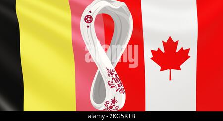 Render of the flag of the national football teams Belgium vs Canada at FIFA 2022 in Qatar. Developing flag of the teams of the World Cup. Stock Photo