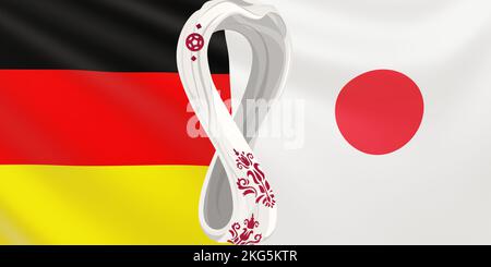 Render of the flag of the national football teams Germany vs Japan at FIFA 2022 in Qatar. Developing flag of the teams of the World Cup. Stock Photo