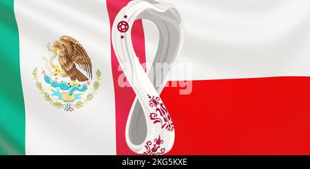 Render of the flag of the national football teams Mexico vs Poland at FIFA 2022 in Qatar. Developing flag of the teams of the World Cup. Stock Photo