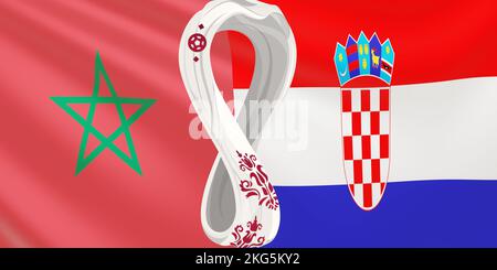 Render of the flag of the national football teams Morocco vs Croatia at FIFA 2022 in Qatar. Developing flag of the teams of the World Cup. Stock Photo