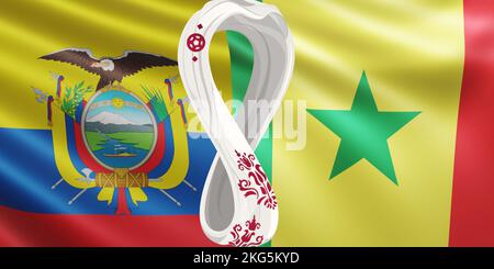 Render of the flag of the national football teams Ecuador vs Senegal at FIFA 2022 in Qatar. Developing flag of the teams of the World Cup. Stock Photo