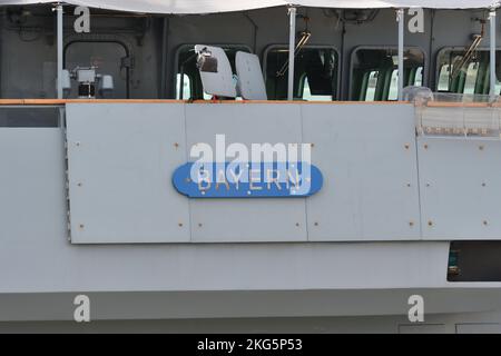 Tokyo, Japan - November 07, 2021: German Navy Bayern (F217) nameplate on the port side. Stock Photo