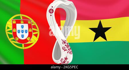 Render of the flag of the national football teams Portugal vs Ghana at FIFA 2022 in Qatar. 7000x3500. Developing flag of the teams of the World Cup. Stock Photo