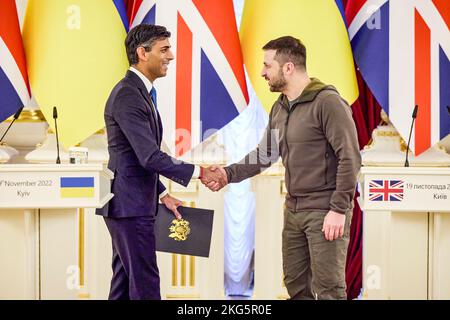 United Kingdom Prime Minister Rishi Sunak meets with Ukraine President Volodymyr Zelensky in Kyiv, Ukraine. President of Ukraine Volodymyr Zelenskyy and Prime Minister of the UK Rishi Sunak, who is visiting our country, honored the memory of Ukrainian defenders and visited the exhibition of destroyed Russian equipment. Stock Photo
