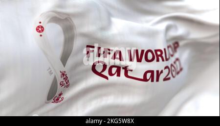 Doha, QA, October 2022: Detail of the FIFA Qatar 2022 World Cup white flag waving in the wind. The World Cup will take place in Qatar from 20 November Stock Photo