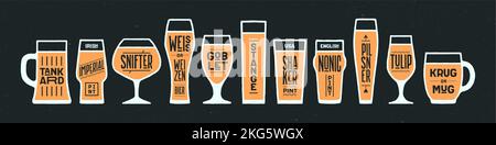 Beer glassware types. Poster banner with different types of glass, mug for beer. Graphic design print for kitchen design, wall decor. Poster for bar, pub, restaurant, beer theme. Vector Illustration Stock Vector