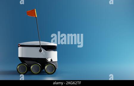 Robot courier delivering parcel to customer house on blue backdrop background in studio. Business technology and innovation concept. 3D illustration r Stock Photo