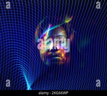 Face of a woman with colored lights superimposed on blue lines. Artificial intelligence face concept. Stock Photo