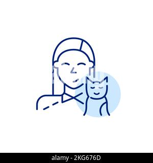 Cute young girl and her kitten. Happy pet owner icon. Pixel perfect, editable stroke line design Stock Vector