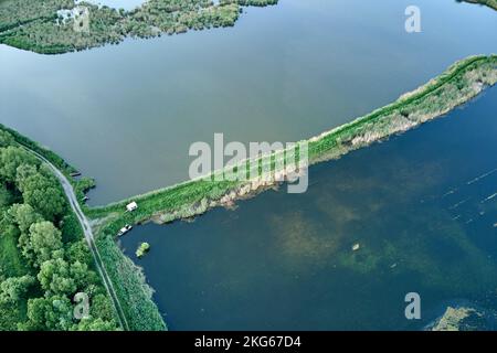 Aerial view of fish hetching pond with blue water in aquacultural area Stock Photo