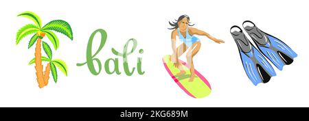 A set of objects of symbols of the island of Bali: flippers, palm tree, surfing and an inscription Stock Vector