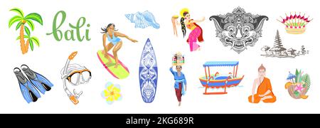 set of symbols Bali travel - religion, surfing and snorkeling on the island vector illustration Stock Vector