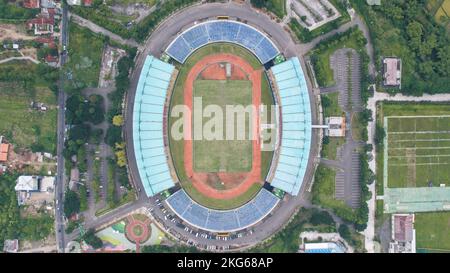 Aerial view of the Beautiful scenery Si Jalak Harupat Football or Soccer Stadium in the Morning with Blue Sky. Bandung, Indonesia, November 22, 2022 Stock Photo