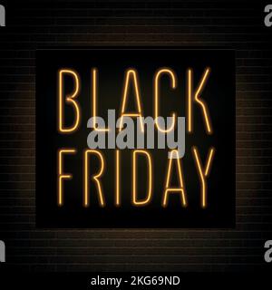 Black Friday discounts realistic orange vector banner template. Stylish Sale advert neon light and inscription on dark background. Luxury store special price offer poster design. Stock Vector