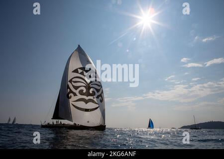 Sailboat racing during les Voiles de Saint-Tropez Stock Photo