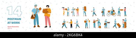 Postman with bag and happy customers receiving parcels and letters. Delivery service, post concept with mailman in uniform on bike, with cardboard boxes, vector hand drawn illustration Stock Vector