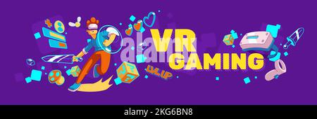 Virtual reality gaming, metaverse banner. Contemporary man in vr headset fight with sword in cyberspace. Futuristic innovation, game simulation, experience in meta verse, Cartoon vector illustration Stock Vector