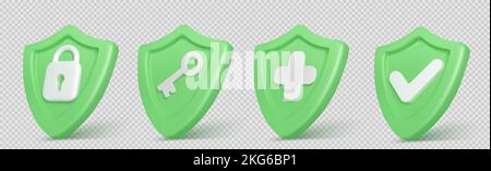 3d render shield with padlock, key, cross and tick sign. Concept of privacy, good password, secure data protection, computer or phone access security, Vector Illustration in cartoon plastic style Stock Vector
