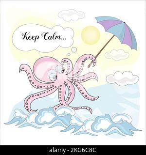 CALM OCTOPUS Cartoon Sea Travel Tropical Vector Illustration Set For Print Stock Vector