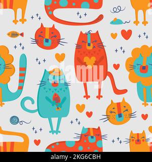CAT CIRCUS Hand Drawn Flat Design Grunge Style Cartoon Cute Animal Seamless Pattern Vector Illustration For Print Stock Vector