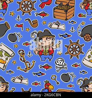CAPTAIN HOOK AND ANCHOR And Treasure Chest Cartoon Hand Drawn Seamless Pattern Vector Illustration On Blue Background With Pirate Attributes Fairy Tal Stock Vector