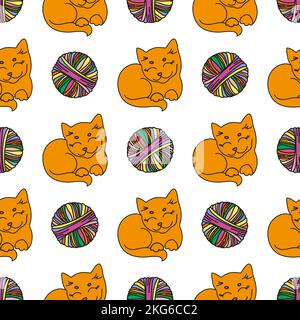 CAT AND WOOL Cartoon Animal Pet Seamless Pattern Vector Illustration For Print Stock Vector
